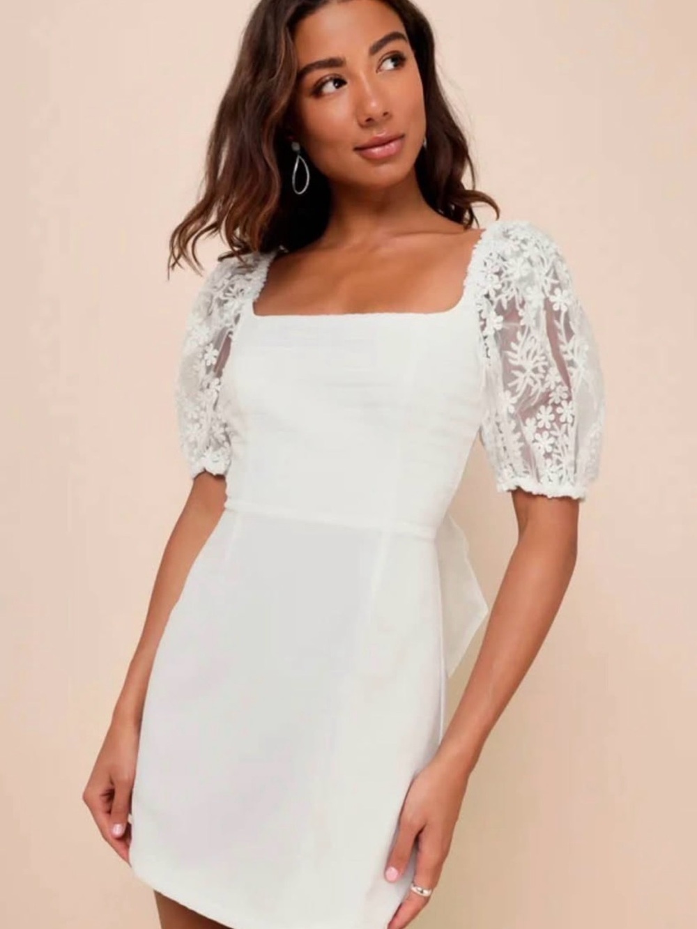 Lulu's White Square Neck Mini Dress with Lace Puff Sleeves